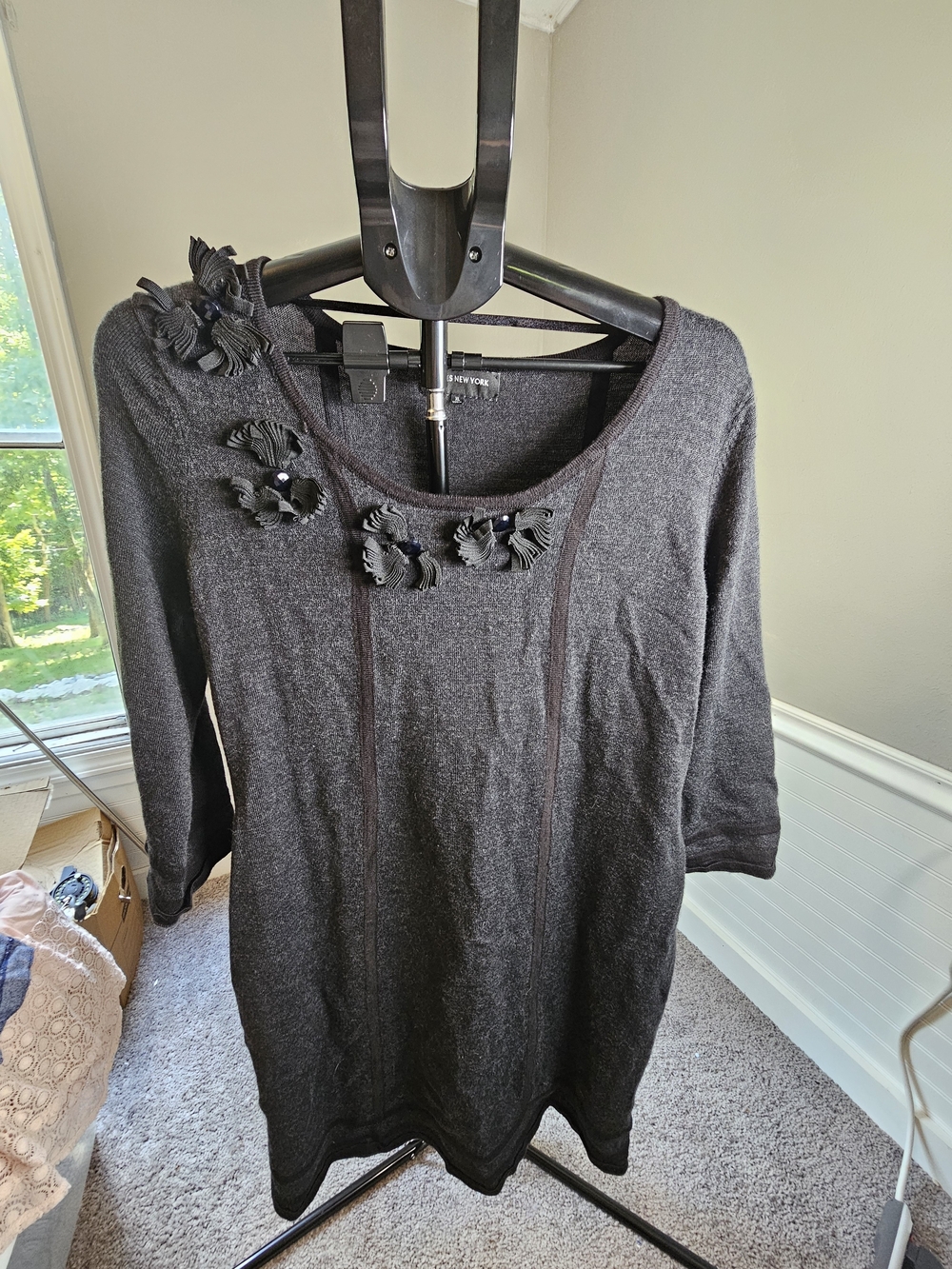 Jones New York Grey Long Sleeve Knit Dress with Floral Appliqué